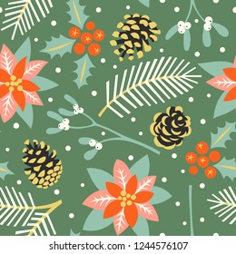 Vector seamless pattern with the traditional Christmas floral elemens: mistletoe, holly, poinsettia, fir cones and fir branches. The illustration in vintage style.
