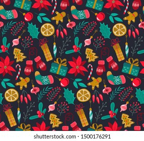 Vector seamless pattern with traditional Christmas plants, flowers, holiday simbols and decorative elements.