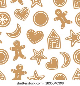 Vector seamless pattern with traditional Christmas cookies. Cute funny repeating background with gingerbread. Digital paper with winter festive biscuits.
