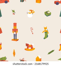 Vector seamless pattern with traditional Christmas decorations. Background with xmas attributes