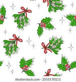 Vector seamless pattern with traditional Christmas plants. Mistletoe and holly. Endless texture with New Year symbols.