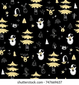 Vector seamless pattern with traditional christmas elements. Craft scandinavian style. Artistic hand drawn holiday icons. Good for packaging paper, memory cards, party invitation, media design.
