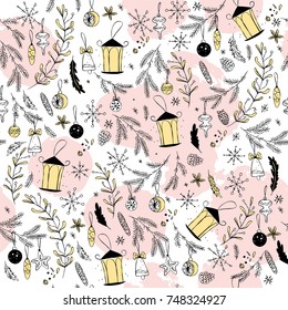 Vector seamless pattern with traditional christmas elements. Craft scandinavian style. Artistic hand drawn holiday icons. Good for packaging paper, memory cards, party invitation, media design.