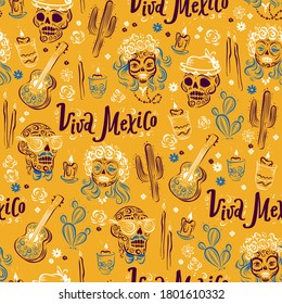 Vector seamless pattern with traditional decor elements cactus, guitar, candle, male and female scull characters, Viva Mexico lettering, flowers isolated. Hand drawn vintage illustration.