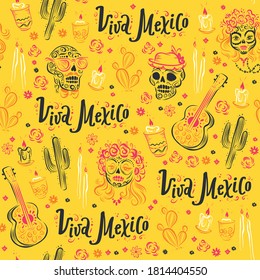 Vector seamless pattern with traditional decor elements cactus, guitar, candle, male and female scull characters, Viva Mexico lettering, flowers isolated. Hand drawn vintage illustration.