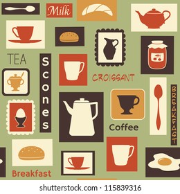 Vector seamless pattern with traditional food and tableware