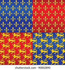 vector seamless pattern with traditional French heraldic motif of the golden lilies (fleur de lis), and the lions on a red and blue background