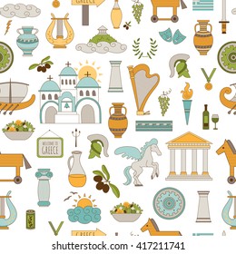 Vector seamless pattern with traditional Greece elements. Travel touristic background. For greeting cards, travel brochures, souvenir production, wallpaper, surface textures, scrapbooking.
