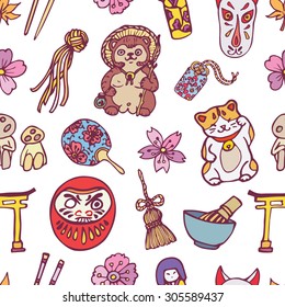 Vector seamless pattern with traditional japanese symbols