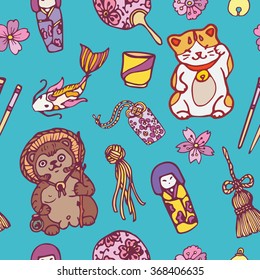 Vector seamless pattern with traditional japanese symbols