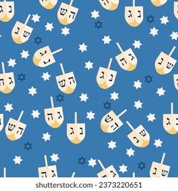 Vector seamless pattern with traditional Jewish spinning top Dreidel on a blue backdrop with Stars of David