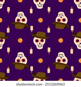 Vetor padrão sem emenda para o feriado tradicional mexicano Dia de los Muertos. As cores primárias são o roxo e o amarelo. Pode ser usado para decoração, embalagem, cartões postais e têxteis.