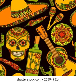 Vector seamless pattern with traditional mexican symbols: guitar, cactus, tequila, chili pepper, maracas, sombrero.