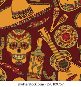 Vector seamless pattern with traditional mexican symbols: guitar, cactus, tequila, chili pepper, maracas, sombrero