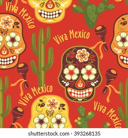 Vector seamless pattern with traditional Mexican symbols. Cinco de Mayo.