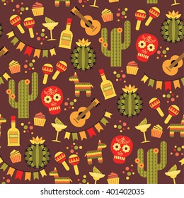 Vector seamless pattern with traditional Mexican symbols. Cinco de Mayo. Let
's Fiesta!