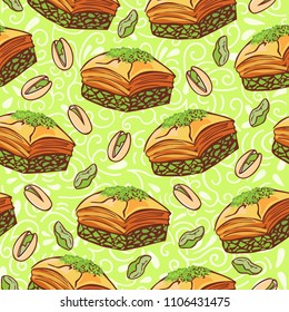 Vector seamless pattern with traditional middle eastern dessert Baklava with pistachio nuts. Hand drawn doodle objects on floral ornament with swirls on light green background. Print, whapping paper