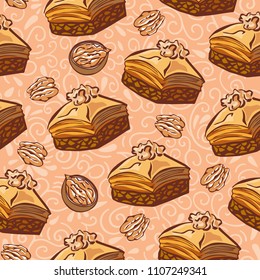 Vector seamless pattern with traditional middle eastern dessert Baklava with walnut. Hand drawn doodle objects on floral ornament with swirls on light beige background. Print, whapping paper design.