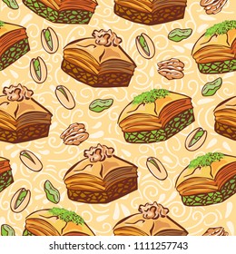 Vector seamless pattern with traditional middle eastern dessert Baklava with pistachio and walnut. Hand drawn doodle objects on floral ornament with swirls on beige background. Print, whapping paper