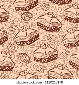 Vector seamless pattern with traditional middle eastern dessert Baklava with walnut. Hand drawn doodle objects on floral ornament with swirls on light brown background. Print, whapping paper design.