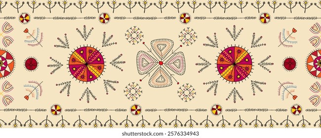 Vector seamless pattern with traditional Mulgi Estonian embroidery symbols