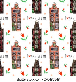 Vector seamless pattern with traditional old buildings in Amsterdam and  tulip.Hand drawing patten.  Amsterdam old houses for  travel poster,city symbols for postcards, cardboard. I love Amsterdam.