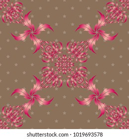 Vector seamless pattern of traditional ornamental background with pink, magenta and beige circular mandala, stars and snowflakes elsments.