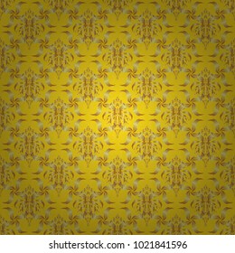 Vector seamless pattern of traditional ornamental background with golden circular mandala, stars and snowflakes elsments on a yellow backdrop.