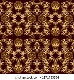 Vector seamless pattern of traditional ornamental background with golden circular mandala, stars and snowflakes elsments on a brown backdrop.