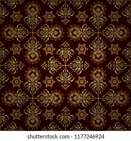 Vector seamless pattern of traditional ornamental background with golden circular mandala, stars and snowflakes elsments on a brown backdrop.