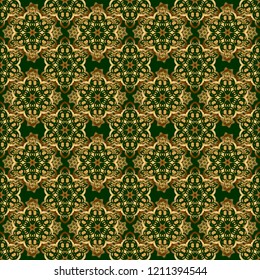 Vector seamless pattern of traditional ornamental background with golden circular mandala, stars and snowflakes elsments on a green backdrop.