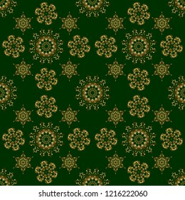 Vector seamless pattern of traditional ornamental background with golden circular mandala, stars and snowflakes elsments on a green backdrop.