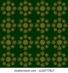 Vector seamless pattern of traditional ornamental background with golden circular mandala, stars and snowflakes elsments on a green backdrop.