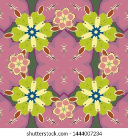 Vector seamless pattern of traditional ornamental background with green, pink and yellow circular mandala, stars and snowflakes elsments.