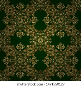 Vector seamless pattern of traditional ornamental background with golden circular mandala, stars and snowflakes elsments on a backdrop.