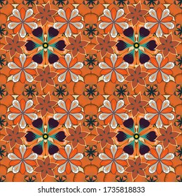 Patrón vectorial sin fisuras de fondo ornamental tradicional con mandala circular marrón, gris y naranja, estrellas y copos de nieve.