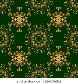 Vector seamless pattern of traditional ornamental background with golden circular mandala, stars and snowflakes elsments on a green backdrop.