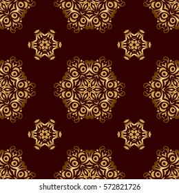 Vector seamless pattern of traditional ornamental background with golden circular mandala, stars and snowflakes elsments on a brown backdrop.