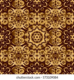 Vector seamless pattern of traditional ornamental background with golden circular mandala, stars and snowflakes elsments on a brown backdrop.