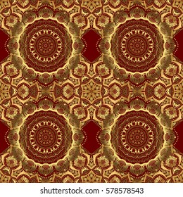 Vector seamless pattern of traditional ornamental background with golden circular mandala, stars and snowflakes elsments on a red backdrop.