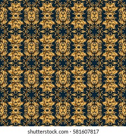 Vector seamless pattern of traditional ornamental background with golden circular mandala, stars and snowflakes elsments on a blue backdrop.