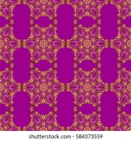 Vector seamless pattern of traditional ornamental background with golden circular mandala, stars and snowflakes elsments on a purple backdrop.