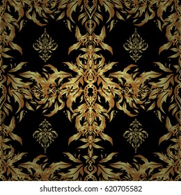 Vector seamless pattern of traditional ornamental background with golden circular mandala, stars and snowflakes elsments on a black backdrop.
