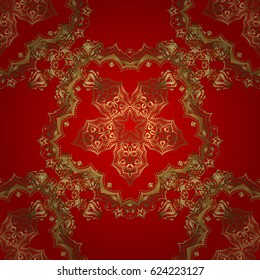 Vector seamless pattern of traditional ornamental background with golden circular mandala, stars and snowflakes elsments on a red backdrop.