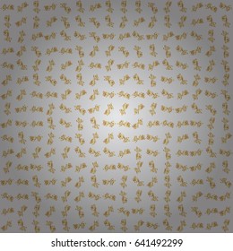 Vector seamless pattern of traditional ornamental background with golden circular mandala, stars and snowflakes elsments on a gray backdrop.