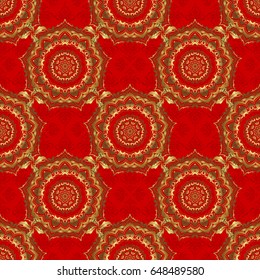 Vector seamless pattern of traditional ornamental background with golden circular mandala, stars and snowflakes elsments on a red backdrop.