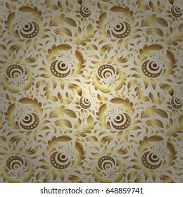 Vector seamless pattern of traditional ornamental background with golden circular mandala, stars and snowflakes elsments on a beige backdrop.