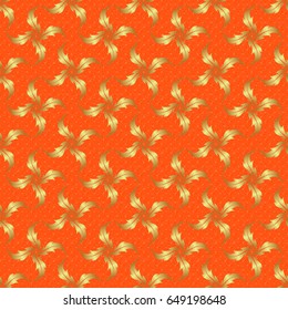 Vector seamless pattern of traditional ornamental background with golden circular mandala, stars and snowflakes elsments on a orange backdrop.
