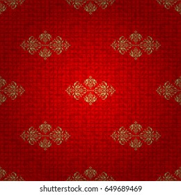 Vector seamless pattern of traditional ornamental background with golden circular mandala, stars and snowflakes elsments on a red backdrop.