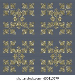 Vector seamless pattern of traditional ornamental background with golden circular mandala, stars and snowflakes elsments on a gray backdrop.